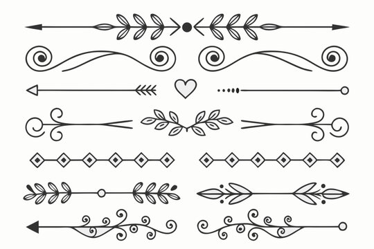 Ornamental Arrow and Swirl Divider Set Featuring Floral Motifs in Elegant Hand-Drawn Black Vector. Vintage Borders for Layout Projects and Invitations.

