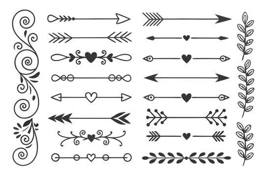 Hand-Drawn Ornamental Dividers with Arrows and Swirls in Elegant Black Vector Featuring Floral Accents. Vintage Decorative Borders for Invitations and Layouts.

