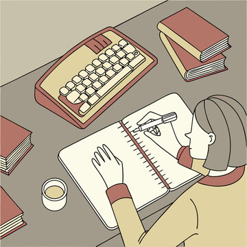 Illustration of a woman writing in a notebook with a keyboard books and coffee on a desk in a room setting