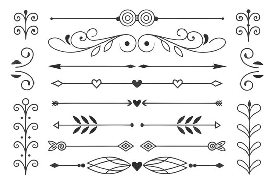 Ornamental Hand-Drawn Dividers with Arrows, Swirls, and Floral Elements in Elegant Black Vector. Vintage Borders for Layout Design and Creative Invitations.

