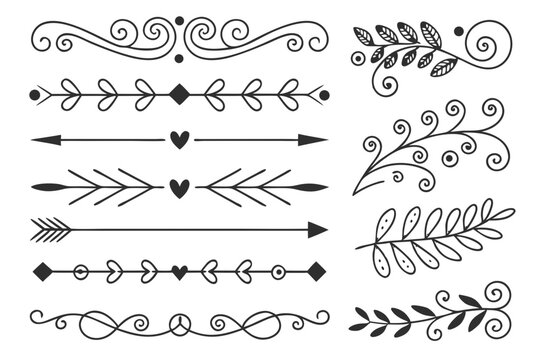 Black Vector Dividers Featuring Floral Arrows, Vintage Swirls, and Curved Borders in Elegant Hand-Drawn Style. Decorative Line Art for Layout Templates.


