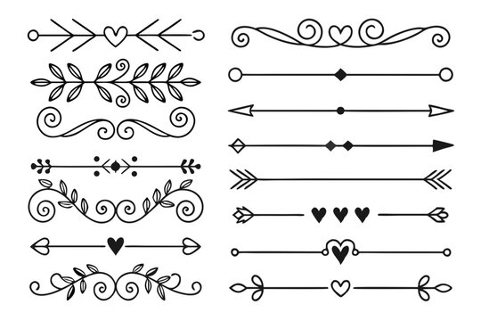 Elegant Decorative Dividers in Black Vector Featuring Curved Arrows, Floral Borders, and Hand-Drawn Swirls for Invitations, Layouts, and Poster Designs.


