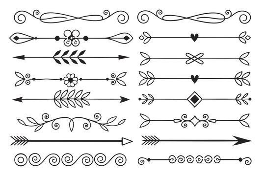 Decorative Black Vector Dividers with Arrows, Swirls, and Floral Motifs in Hand-Drawn Style. Elegant Vintage Borders for Creative Layouts and Invitations.

