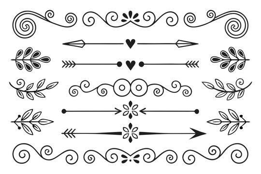 Hand-Drawn Elegant Dividers Featuring Swirls, Arrows, and Floral Accents in Black Vector. Ornamental Borders for Posters, Layouts, and Wedding Cards.

