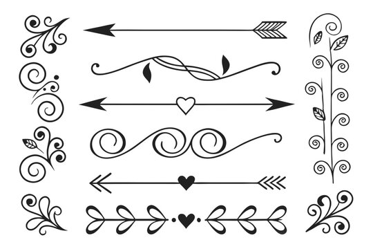 Decorative Divider Collection in Hand-Drawn Black Vector Featuring Arrows, Floral Motifs, and Vintage Swirls. Elegant Borders for Layout Templates.

