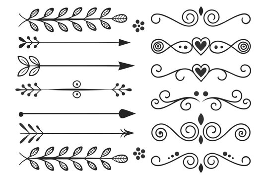 Hand-Drawn Black Vector Dividers Featuring Elegant Arrows, Curved Swirls, and Ornamental Floral Borders. Vintage Style Line Art for Layout and Wedding Designs.

