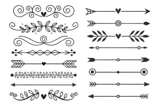 Ornamental Divider Set Featuring Curved Arrows and Elegant Floral Swirls in Hand-Drawn Black Vector. Decorative Borders for Posters and Layout Projects.

