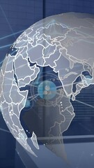 Aufkleber - Animation of network of digital icons over spinning globe against tall buildings