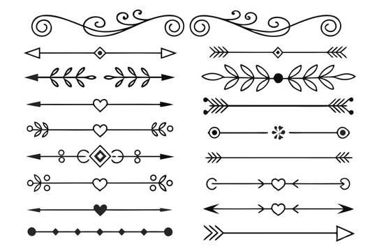 Elegant Divider Set in Hand-Drawn Black Vector Featuring Curved Arrows, Floral Swirls, and Vintage Ornamental Borders for Layouts and Creative Design Projects.

