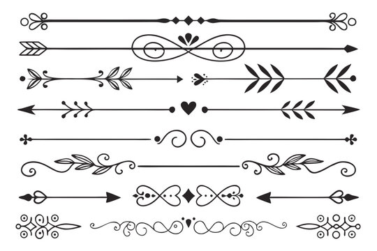 Decorative Border Set Featuring Hand-Drawn Arrows, Curves, and Floral Accents in Elegant Black Vector. Vintage Swirls and Ornaments for Layout and Invitation Design.

