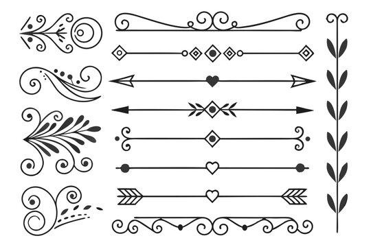 Black Vector Dividers Featuring Floral Arrows, Curves, and Swirls in Hand-Drawn Ornamental Style. Elegant Decorative Borders for Invitations and Posters.

