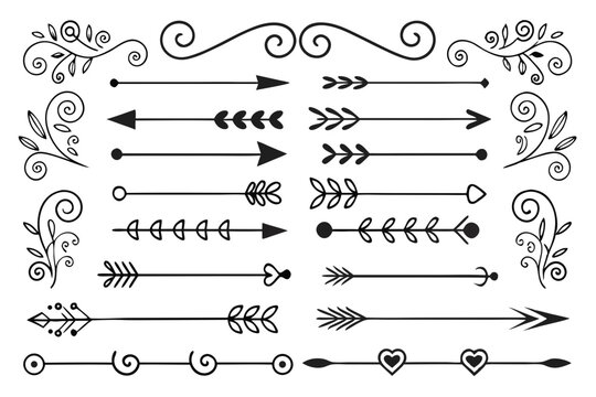 Elegant Decorative Border Set Featuring Vintage Arrows, Swirls, and Floral Accents in Hand-Drawn Black Vector. Perfect for Invitations, Cards, and Poster Layouts.

