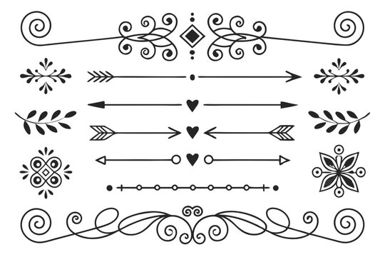 Ornamental Hand-Drawn Divider Set in Elegant Black Vector Featuring Arrows, Floral Swirls, and Vintage Curves for Invitations and Creative Layouts.

