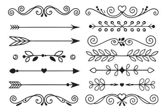 Decorative Arrow and Swirl Borders with Floral Accents in Hand-Drawn Black Vector. Elegant Dividers for Layout Templates and Graphic Design Projects.

