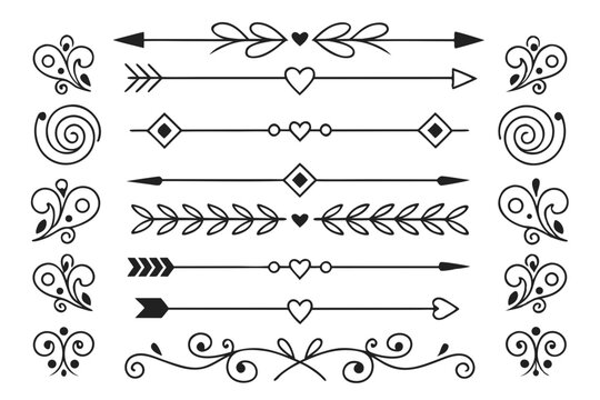 Elegant Black Vector Divider Set Featuring Swirls, Curved Arrows, and Hand-Drawn Floral Motifs. Ornamental Line Borders for Posters and Layout Design.

