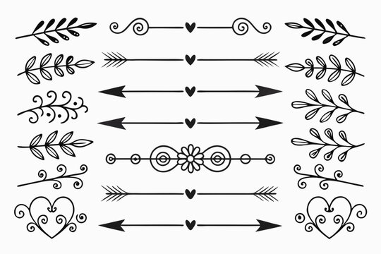 Hand-Drawn Vintage Arrows and Swirls in Elegant Black Vector. Floral Border Collection with Ornamental Curves for Layout Templates and Invitations.

