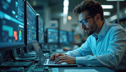 Poster - Electronics design engineer works on laptop in research lab. Man wears glasses, types code, monitors data on screen. Motherboards, circuit boards, tech equipment. Modern work, tech industry,