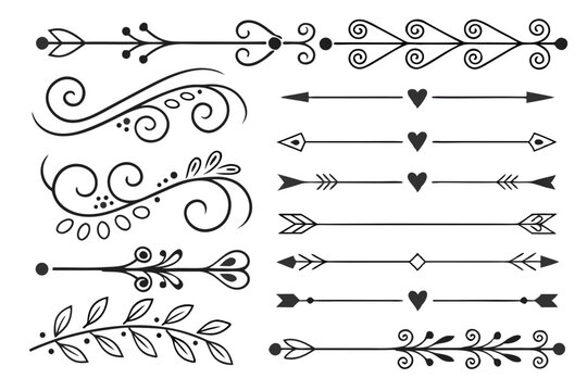 Elegant Divider Collection Featuring Floral Borders, Swirls, and Arrows in Hand-Drawn Black Vector. Decorative Line Art for Posters and Layout Templates.

