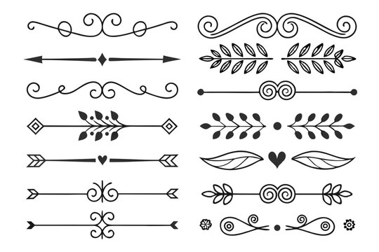 Elegant Hand-Drawn Divider Set in Black Vector Featuring Vintage Floral Arrows, Curved Swirls, and Ornamental Borders for Creative Layouts and Invitations.

