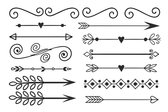 Hand-Drawn Decorative Arrow and Swirl Divider Set Featuring Elegant Floral Accents in Black Vector. Vintage Line Borders for Layouts and Invitations.

