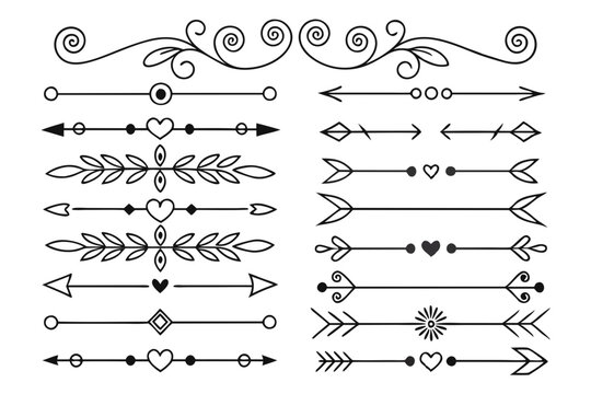 Black Vector Dividers with Curved Arrows and Hand-Drawn Floral Motifs. Elegant Vintage Borders for Posters, Invitations, and Graphic Layout Design.

