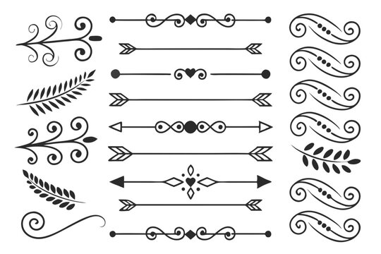 Elegant Divider and Floral Arrow Set in Hand-Drawn Black Vector Featuring Swirls and Curves. Decorative Elements for Layout Templates and Wedding Invitations.

