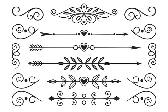 Vintage Hand-Drawn Decorative Divider Set Featuring Elegant Swirls, Curved Arrows, and Floral Accents in Black Vector for Layouts and Creative Projects.

