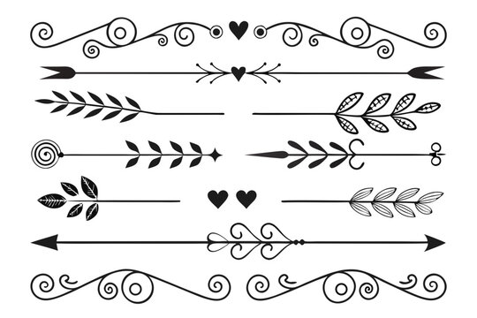 Hand-Drawn Dividers with Arrows and Swirls in Elegant Black Vector. Floral Accents and Curved Borders for Wedding Invitations and Layout Templates.

