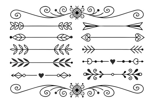 Elegant Decorative Border Collection Featuring Floral Arrows, Swirls, and Curved Lines in Hand-Drawn Black Vector for Layouts and Poster Design.

