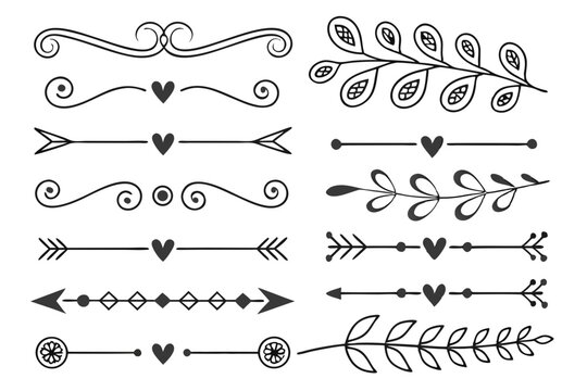 Decorative Swirl and Arrow Dividers in Hand-Drawn Elegant Black Vector Featuring Floral Accents. Vintage Borders for Layout Templates and Invitations.

