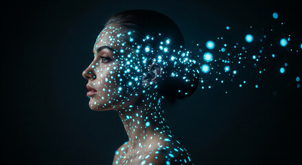 Poster - Profile of woman, skin adorned with glowing cyan dots, resembling stars, flowing into dark background.  Symbolizes transformation, technology, or ethereal beauty