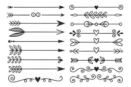 Black Vector Hand-Drawn Divider Set Featuring Floral Arrows, Curved Swirls, and Ornamental Borders. Elegant Decorative Elements for Layout Projects.

