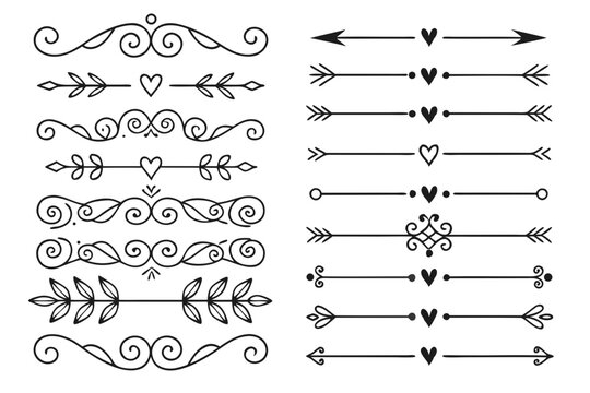 Vintage Hand-Drawn Swirl and Arrow Dividers in Elegant Black Vector. Ornamental Borders Featuring Floral Accents for Creative Layout Design and Invitations.

