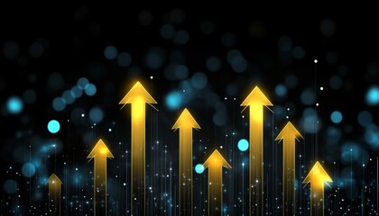 Poster - Dynamic Financial Analysis with Upward Arrows and Technological Enhancements on a Black Background
