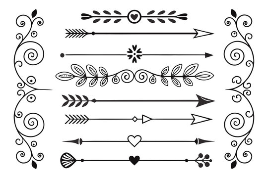 Decorative Arrow and Swirl Divider Set Featuring Hand-Drawn Floral Accents and Elegant Curved Borders in Black Vector for Layout Templates and Invitations.

