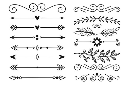 Black Vector Dividers Featuring Elegant Floral Arrows, Curved Swirls, and Hand-Drawn Borders. Decorative Design Elements for Invitations and Layout Templates.

