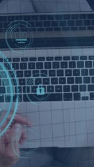 Poster - Animation of network of connections with icons over caucasian businessman using laptop
