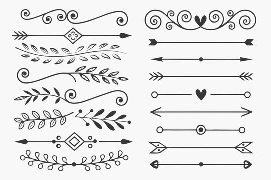 Hand-Drawn Decorative Divider Elements in Black Vector Featuring Elegant Arrows, Curves, and Floral Ornaments for Posters, Layouts, and Wedding Invitations.

