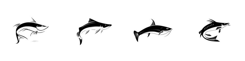 Poster - silhouette pictograms of various fish in dynamic postures for graphic design and illustration purpos