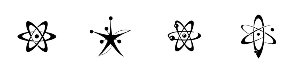Poster - Collection of silhouette pictograms representing atomic structures and scientific themes in black and white vector design