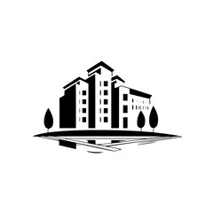 Poster - Silhouette pictogram of modern buildings reflecting on still water surface with trees for urban design concepts