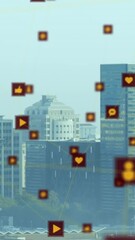 Poster - Animation of network of digital icons against aerial view of cityscape