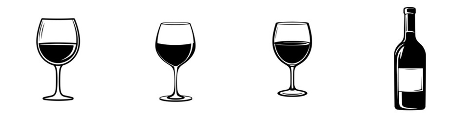 Poster - Silhouette pictogram set featuring various wine glass designs and a wine bottle for beverage-related themes