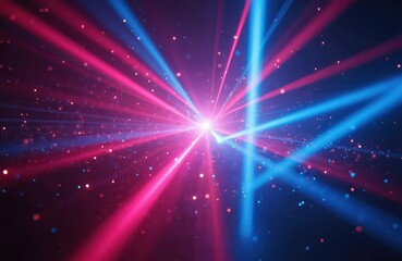 Fototapete - Futuristic digital art features intersecting pink, blue laser beams. Dynamic light show creates vibrant, energetic abstract background for tech, music, party, event industries. Bright visual effects.