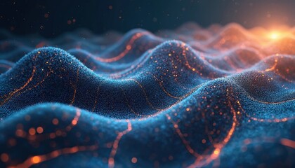 Poster - Abstract tech art with wave lines in blue, orange. Futuristic illustration of data flow, ai network, digital communication, innovative concepts. Modern graphic design, dynamic energy flow,