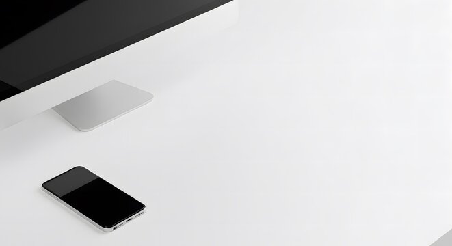 Modern Minimalist Workspace Computer and Smartphone on White Desk