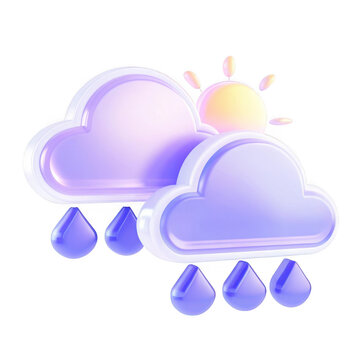 Glass transparent weather icon with clouds rain and sun isolated on transparent background