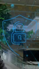 Poster - Animation of dots around padlock in shield over diverse entrepreneurs discussing in office
