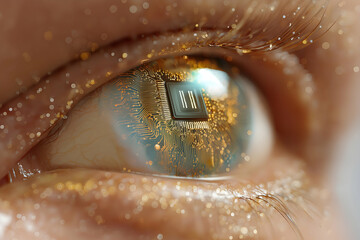 Aufkleber - Close-up of a human eye with a digital microchip reflected on the iris, symbolizing the fusion of technology and biology.