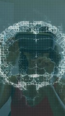 Poster - Animation of brain scan and medical data processing on interface, over woman using vr headset